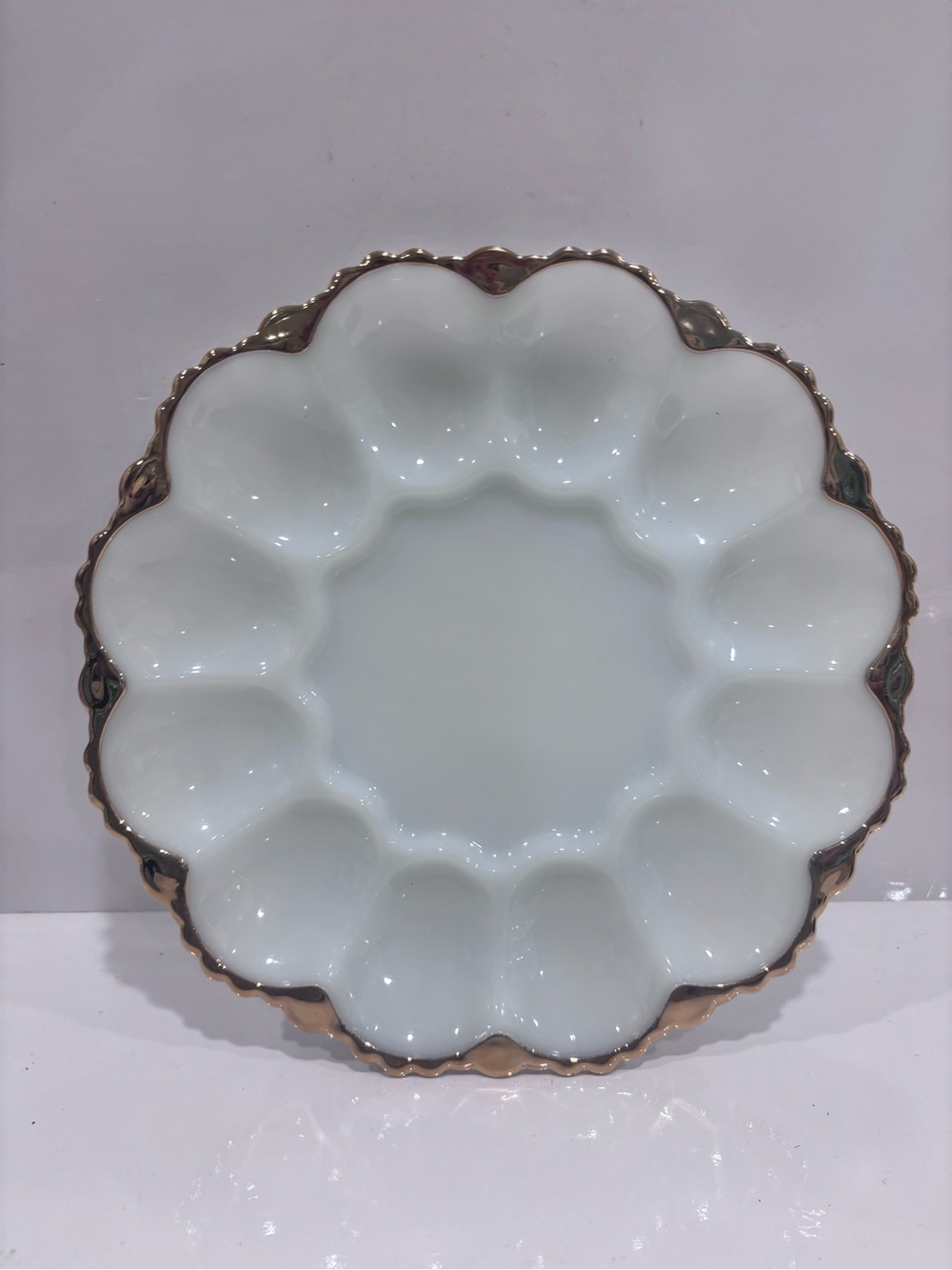 Vintage white milk glass deviled egg plate gold trim 12 egg tray platter 11”
